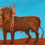 Painting of a bull on a brown ground with a bright blue background. The bull has two tigers hanging from its horns and the tigers' tails are in the bull's mouth.