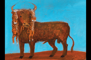 Painting of a bull on a brown ground with a bright blue background. The bull has two tigers hanging from its horns and the tigers' tails are in the bull's mouth.