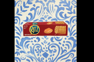 painting of a Ritz Cracker box on a patterned background of blue and white toile